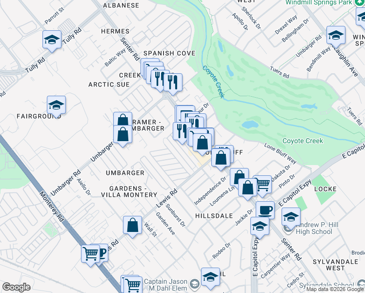 map of restaurants, bars, coffee shops, grocery stores, and more near 2855 Senter Road in San Jose