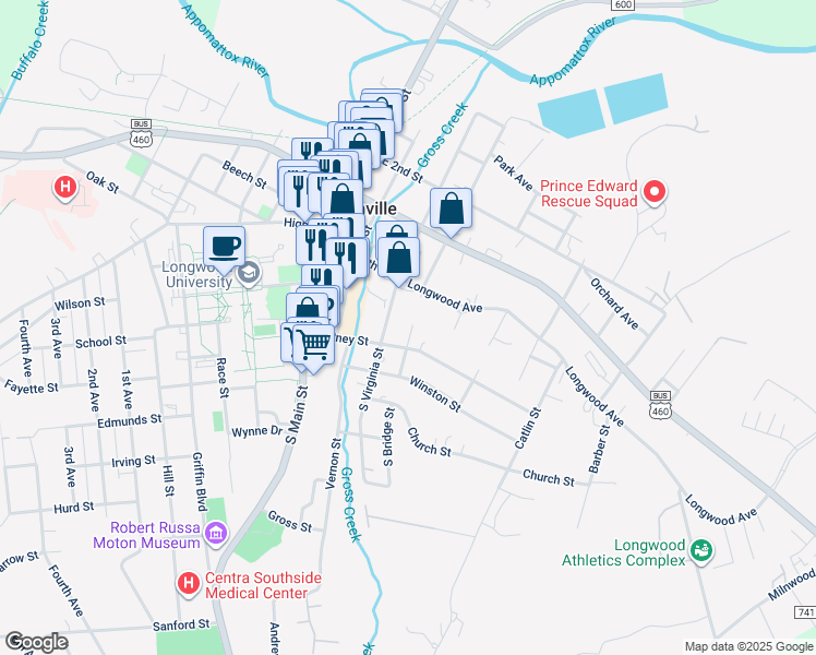 map of restaurants, bars, coffee shops, grocery stores, and more near 119 South Bridge Street in Farmville