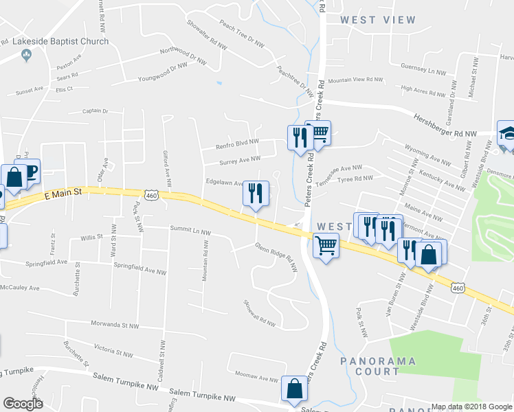 map of restaurants, bars, coffee shops, grocery stores, and more near 1141 Pilot Street Northwest in Roanoke