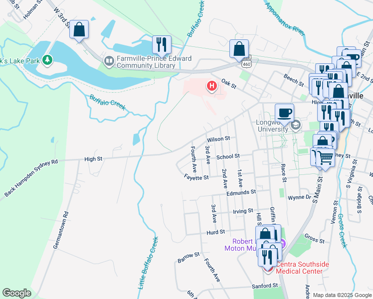 map of restaurants, bars, coffee shops, grocery stores, and more near 1105 High Street in Farmville
