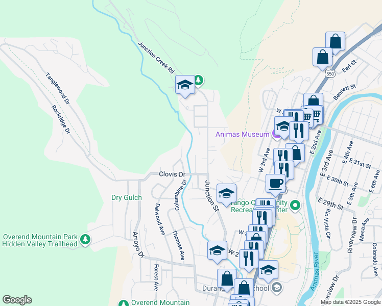 map of restaurants, bars, coffee shops, grocery stores, and more near 2911 Junction Street in Durango