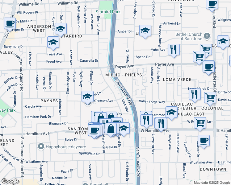 map of restaurants, bars, coffee shops, grocery stores, and more near 1385 San Tomas Aquino Parkway in San Jose