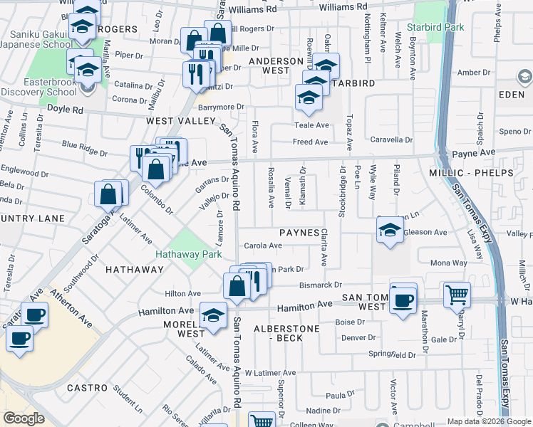 map of restaurants, bars, coffee shops, grocery stores, and more near 1386 Flora Avenue in San Jose