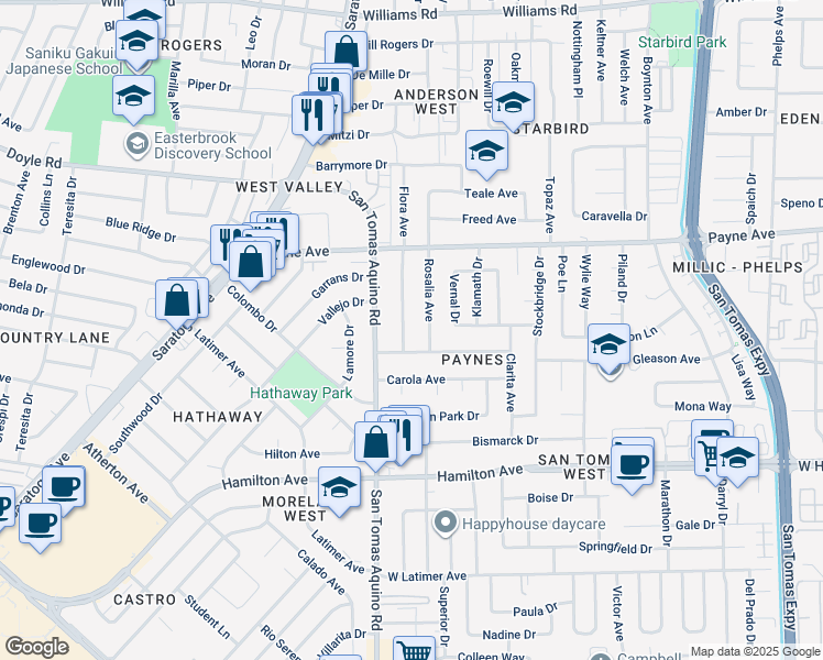 map of restaurants, bars, coffee shops, grocery stores, and more near 1386 Flora Avenue in San Jose