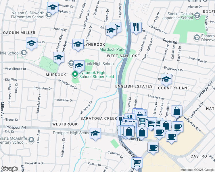 map of restaurants, bars, coffee shops, grocery stores, and more near 5449 Castle Manor Drive in San Jose
