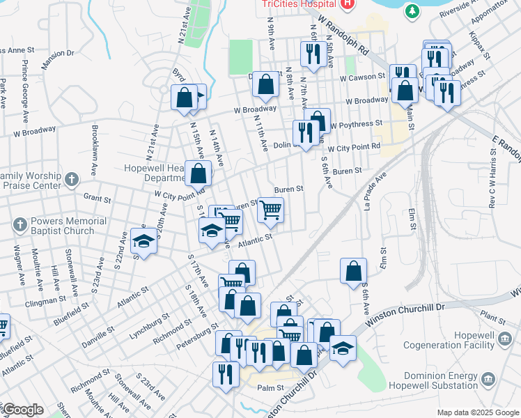 map of restaurants, bars, coffee shops, grocery stores, and more near 137 South 12th Avenue in Hopewell