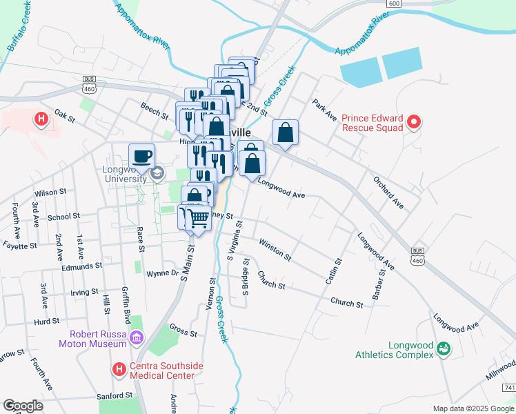 map of restaurants, bars, coffee shops, grocery stores, and more near 113 South Bridge Street in Farmville