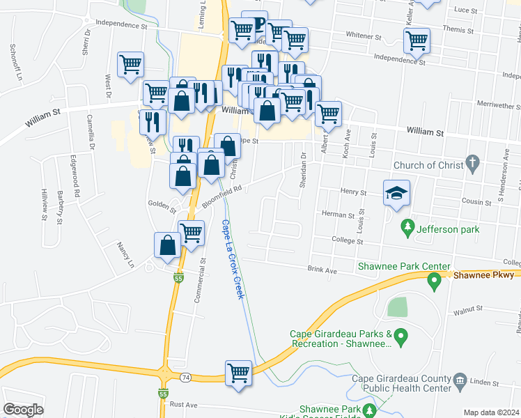map of restaurants, bars, coffee shops, grocery stores, and more near 644 South Spring Street in Cape Girardeau