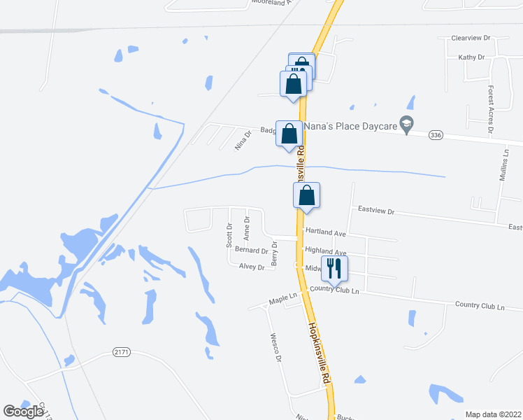 map of restaurants, bars, coffee shops, grocery stores, and more near 500 Richmond Drive in Madisonville