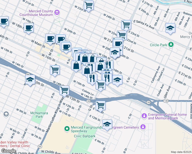 map of restaurants, bars, coffee shops, grocery stores, and more near 61 West 16th Street in Merced