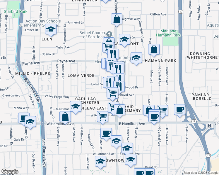 map of restaurants, bars, coffee shops, grocery stores, and more near 3128 Loma Verde Drive in San Jose