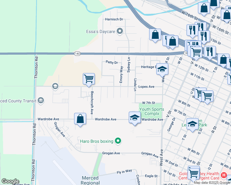 map of restaurants, bars, coffee shops, grocery stores, and more near 897 Emory Court in Merced