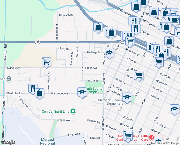 map of restaurants, bars, coffee shops, grocery stores, and more near 1821 West 8th Street in Merced