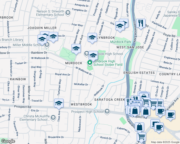 map of restaurants, bars, coffee shops, grocery stores, and more near 5689 West Walbrook Drive in San Jose