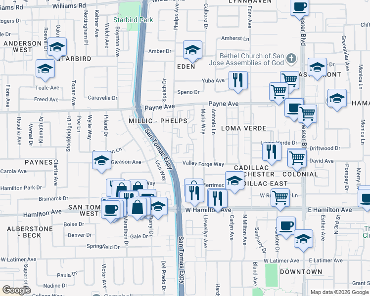map of restaurants, bars, coffee shops, grocery stores, and more near 1451 Woodgrove Square in San Jose