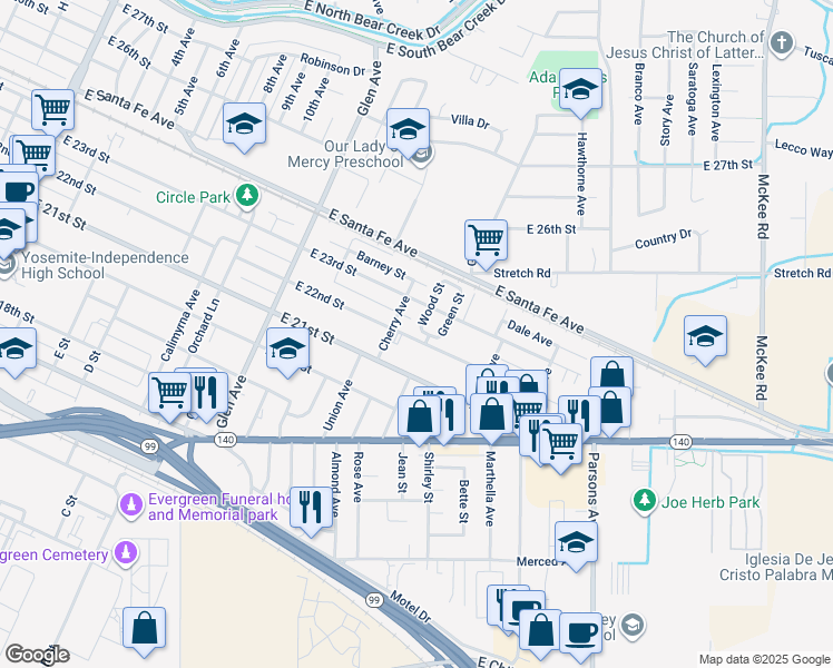 map of restaurants, bars, coffee shops, grocery stores, and more near 1277 East 22nd Street in Merced