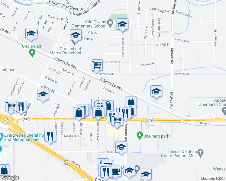 map of restaurants, bars, coffee shops, grocery stores, and more near 1735 Dale Avenue in Merced