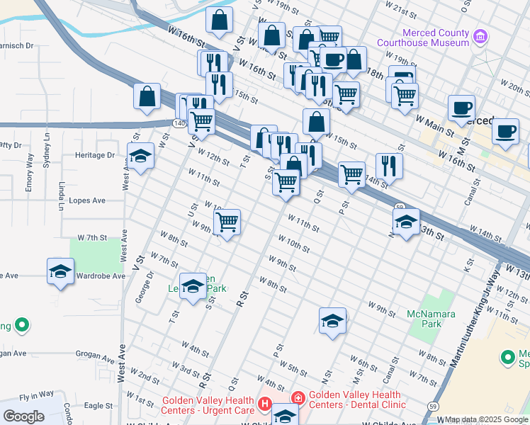 map of restaurants, bars, coffee shops, grocery stores, and more near 1136 West 11th Street in Merced