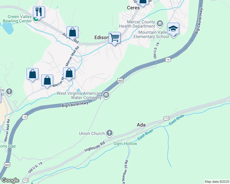 map of restaurants, bars, coffee shops, grocery stores, and more near 555 Country Girl Road in Bluefield