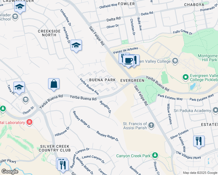 map of restaurants, bars, coffee shops, grocery stores, and more near 2693 Yerba Cliff Court in San Jose