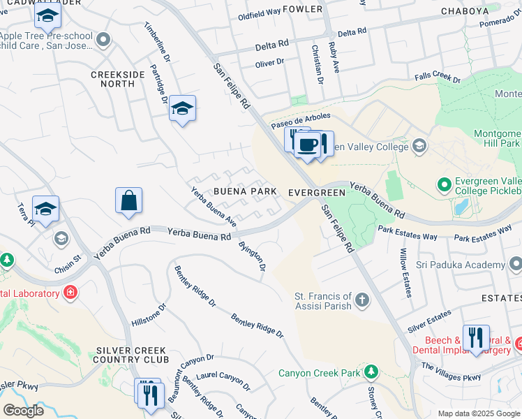 map of restaurants, bars, coffee shops, grocery stores, and more near 2693 Yerba Cliff Court in San Jose