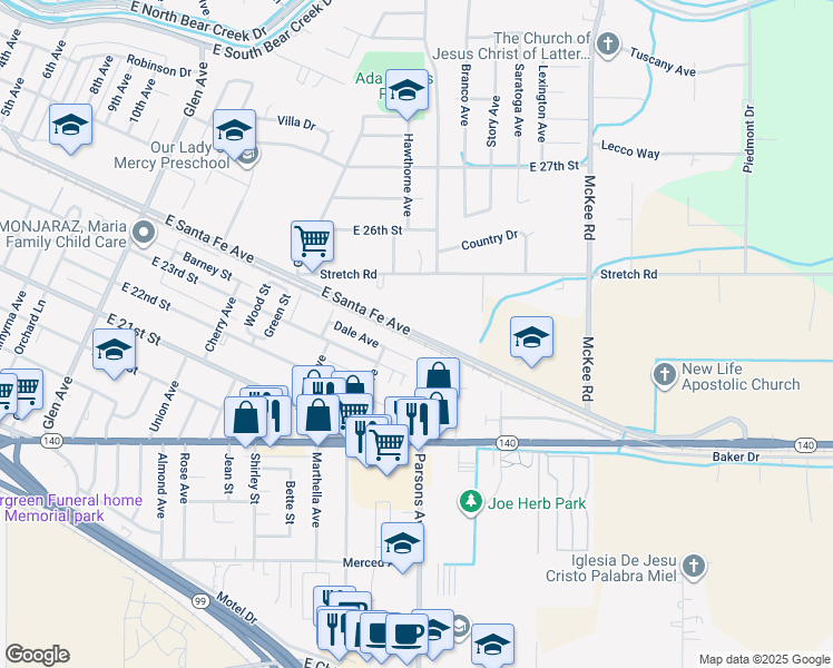 map of restaurants, bars, coffee shops, grocery stores, and more near 1785 East Santa Fe Avenue in Merced