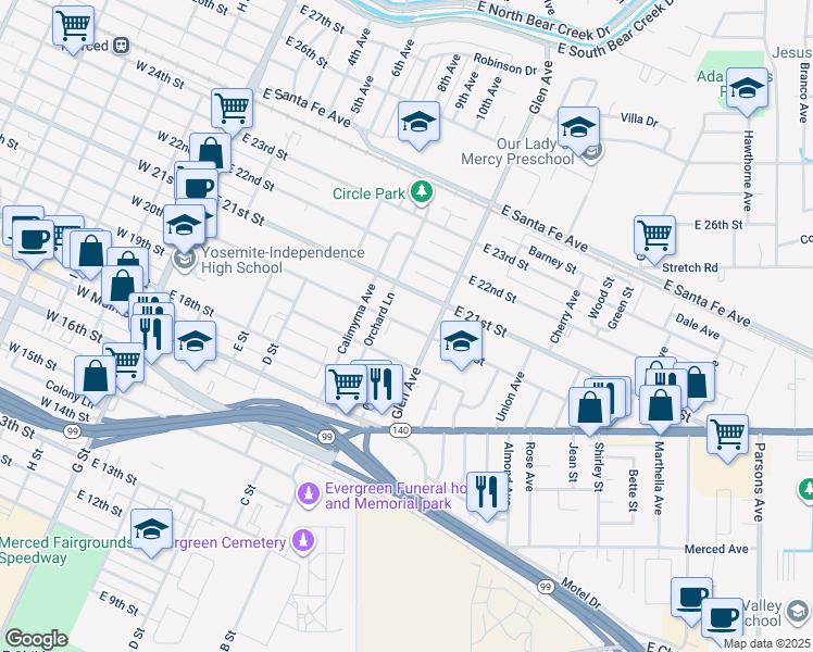 map of restaurants, bars, coffee shops, grocery stores, and more near 611 East 20th Street in Merced