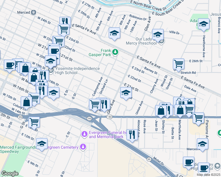 map of restaurants, bars, coffee shops, grocery stores, and more near 611 East 20th Street in Merced