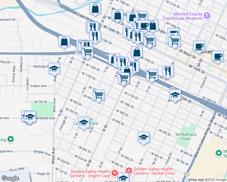 map of restaurants, bars, coffee shops, grocery stores, and more near 1121 West 11th Street in Merced