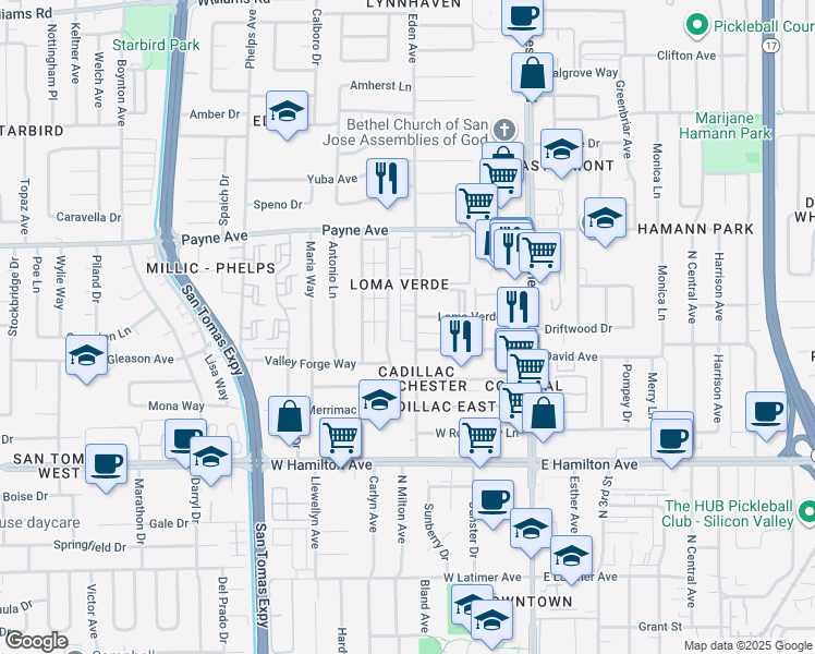 map of restaurants, bars, coffee shops, grocery stores, and more near 159 Eden Avenue in San Jose