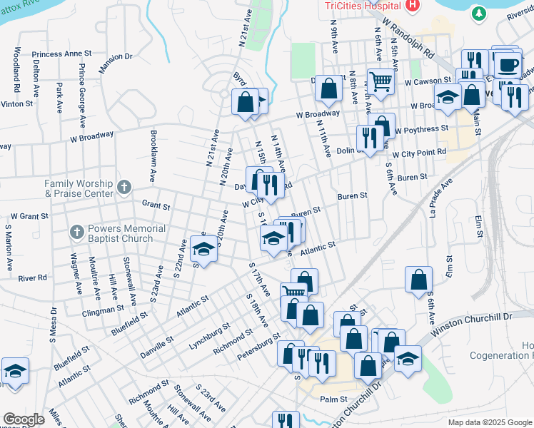 map of restaurants, bars, coffee shops, grocery stores, and more near 107 South 15th Avenue in Hopewell