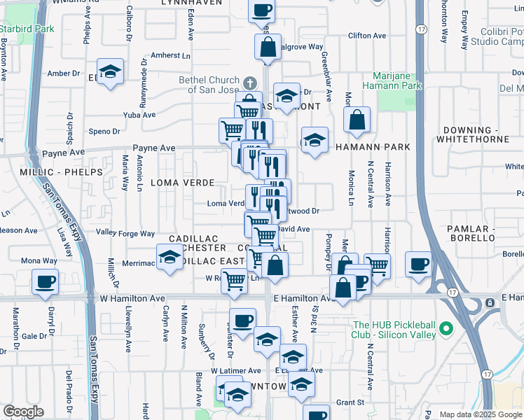 map of restaurants, bars, coffee shops, grocery stores, and more near 1319 South Winchester Boulevard in San Jose
