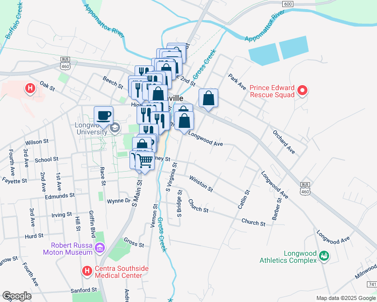 map of restaurants, bars, coffee shops, grocery stores, and more near 113 South Bridge Street in Farmville