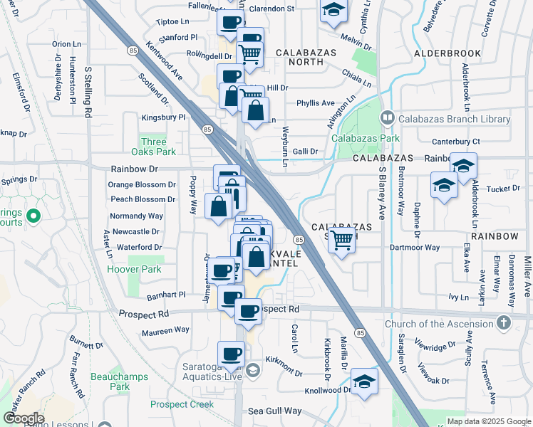 map of restaurants, bars, coffee shops, grocery stores, and more near 6944 Chantel Court in San Jose