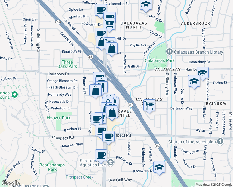 map of restaurants, bars, coffee shops, grocery stores, and more near 6949 Chantel Court in San Jose