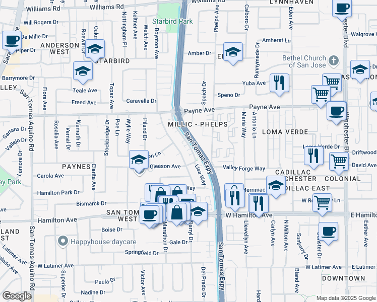 map of restaurants, bars, coffee shops, grocery stores, and more near 1385 San Tomas Aquino Parkway in San Jose