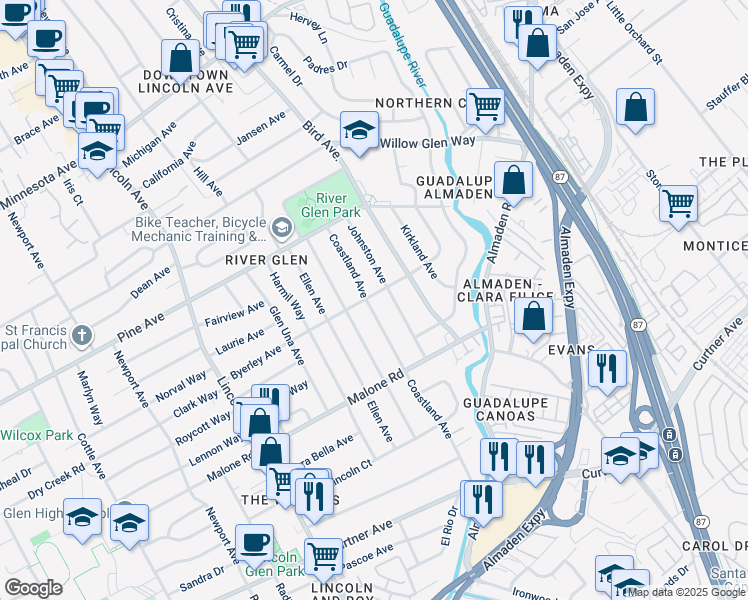 map of restaurants, bars, coffee shops, grocery stores, and more near 1906 Coastland Avenue in San Jose