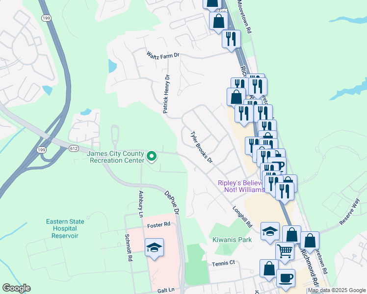 map of restaurants, bars, coffee shops, grocery stores, and more near 214 John Pinckney Lane in Williamsburg