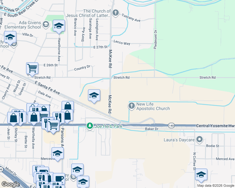 map of restaurants, bars, coffee shops, grocery stores, and more near 2000-2398 McKee Road in Merced