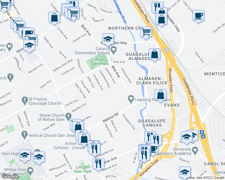 map of restaurants, bars, coffee shops, grocery stores, and more near 1906 Coastland Avenue in San Jose