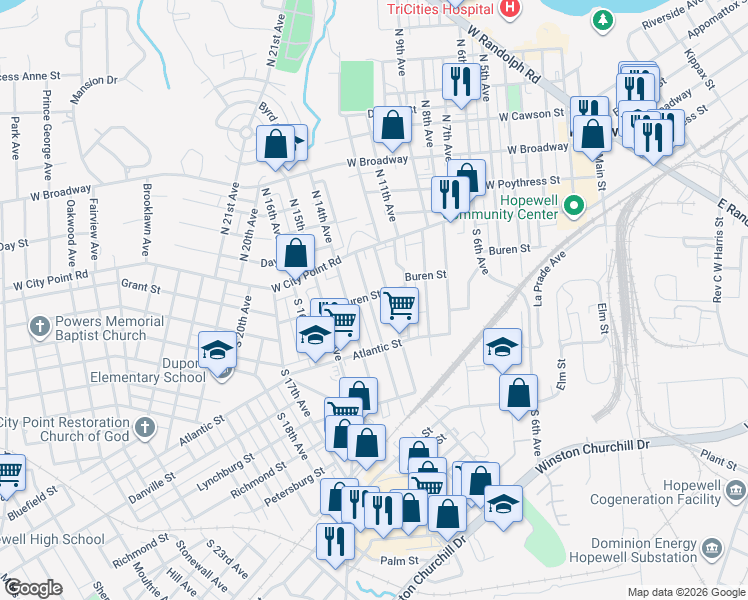 map of restaurants, bars, coffee shops, grocery stores, and more near 137 South 12th Avenue in Hopewell