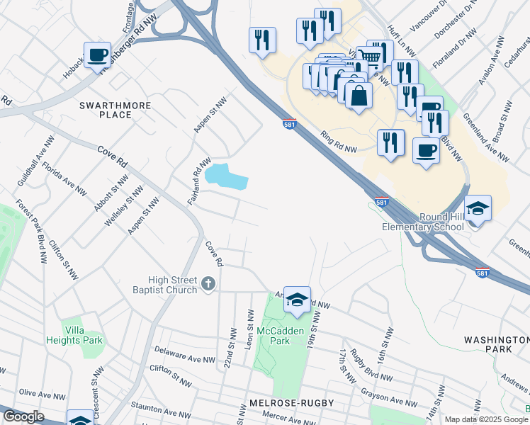 map of restaurants, bars, coffee shops, grocery stores, and more near 2504 Lakeview Drive Northwest in Roanoke