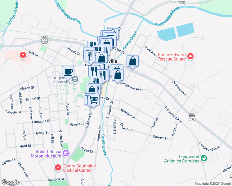 map of restaurants, bars, coffee shops, grocery stores, and more near 114 South Virginia Street in Farmville