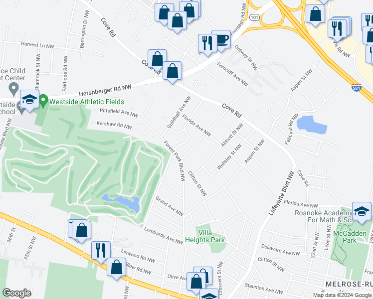 map of restaurants, bars, coffee shops, grocery stores, and more near 1422 Fresno Street Northwest in Roanoke