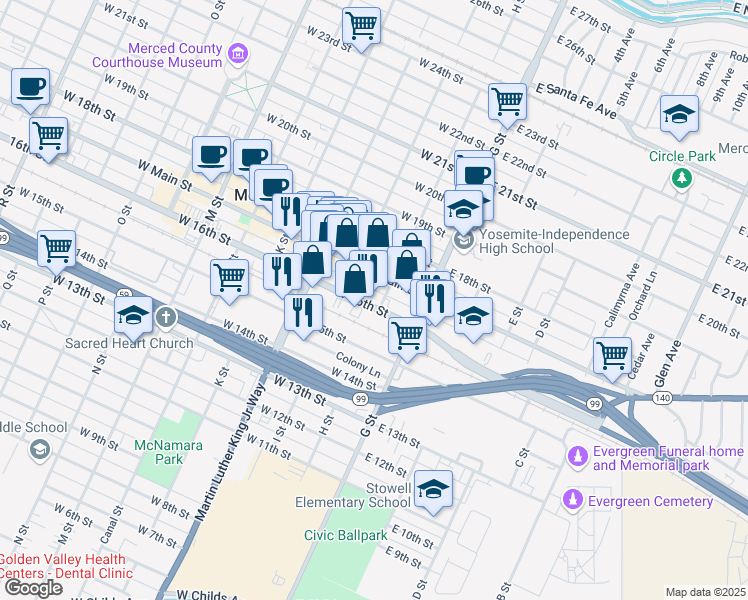 map of restaurants, bars, coffee shops, grocery stores, and more near 140 West Main Street in Merced