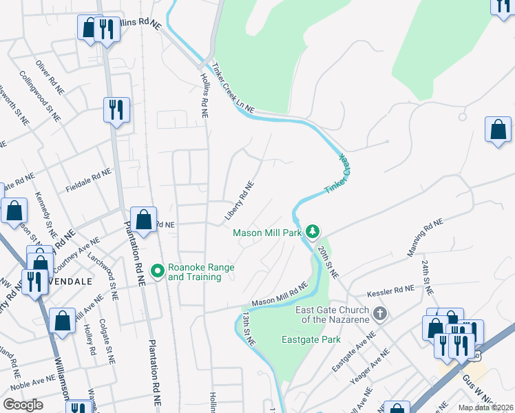 map of restaurants, bars, coffee shops, grocery stores, and more near 1111 Liberty Rd NE in Roanoke