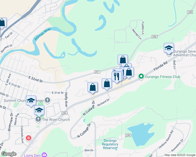 map of restaurants, bars, coffee shops, grocery stores, and more near 20 East Animas Village Lane in Durango