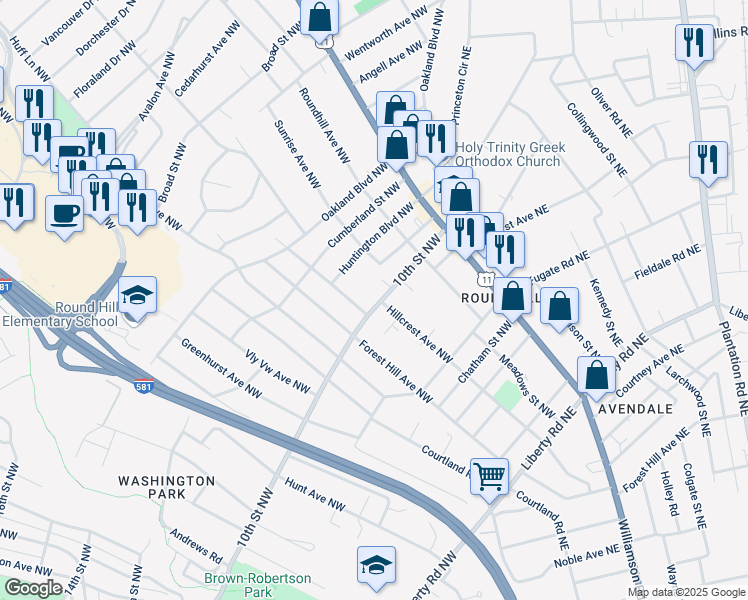 map of restaurants, bars, coffee shops, grocery stores, and more near 2614 10th Street Northwest in Roanoke