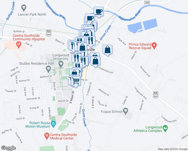 map of restaurants, bars, coffee shops, grocery stores, and more near 114 South Virginia Street in Farmville
