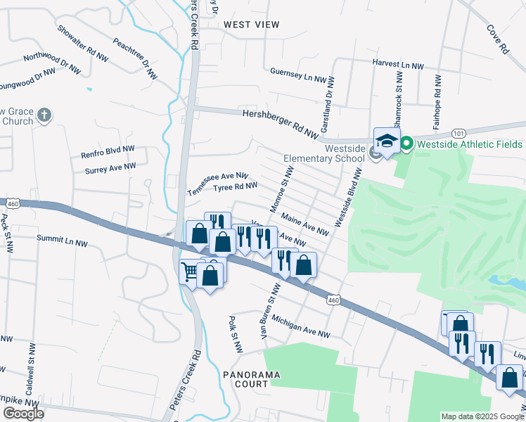 map of restaurants, bars, coffee shops, grocery stores, and more near 4110 Maine Avenue Northwest in Roanoke